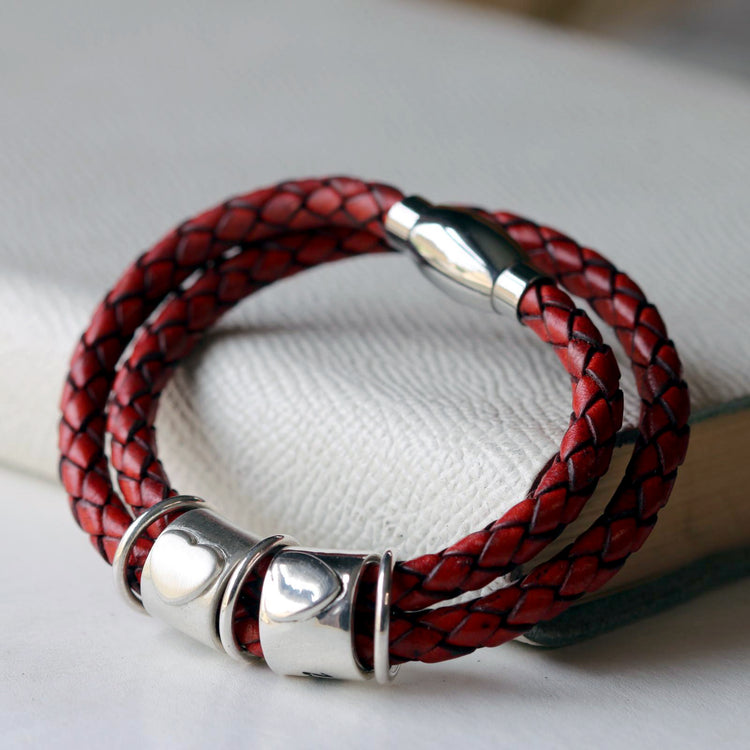 Red braided leather Story Bracelet with a silver ashes bead