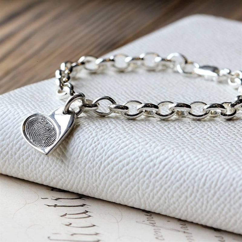 Heart Fingerprint Charm on a silver belcher bracelet
