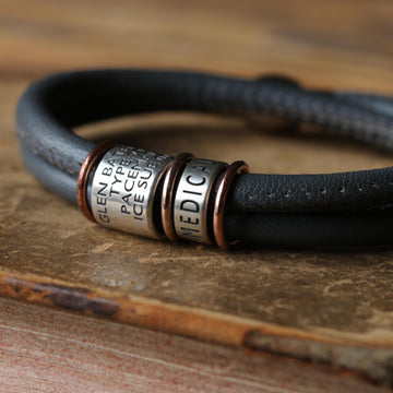 Soft Dark Grey Leather and Silver Medical Alert Bracelet