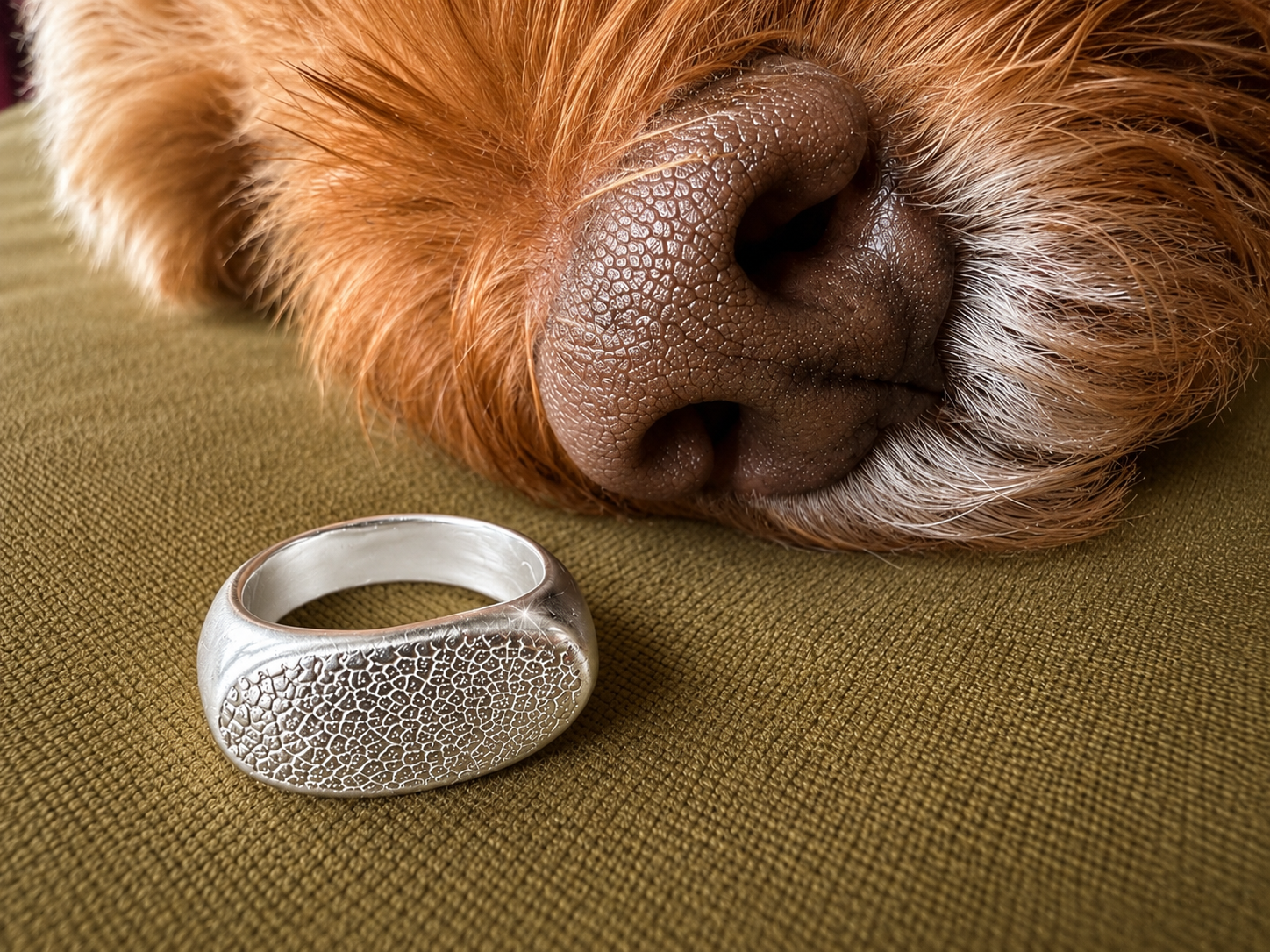 Label: Silver Snozza Ring beside the dog's nose that created its unique texture.