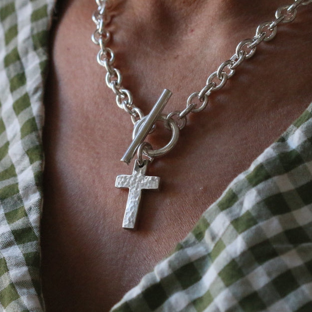 Silver T-Bar Necklace with Cross Pendant - Image 1