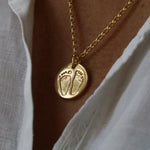 Gold Round Hand & Footprint Necklace