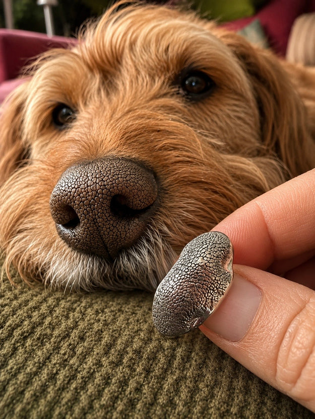 Silver Snozza™ Rounded Dog Nose Impression Necklace – Reggie, whose nose impression inspired this Snozza design