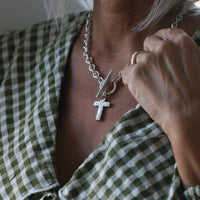 Silver T-Bar Necklace with Cross Pendant - Thumbnail 7