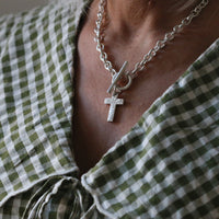 Silver T-Bar Necklace with Cross Pendant - Thumbnail 8