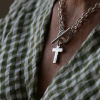 Silver T-Bar Necklace with Cross Pendant - Thumbnail 9