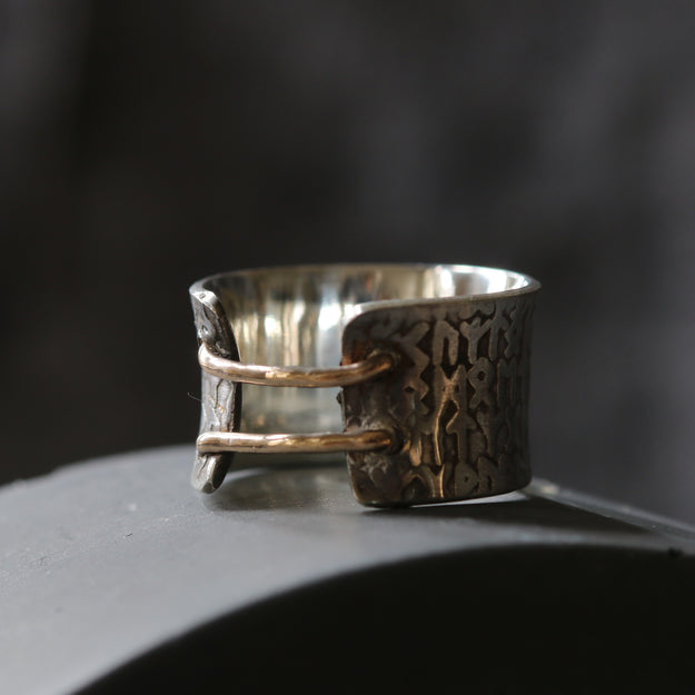Double Rune Ring Silver and Gold Double Bridge Rune Texture Ring