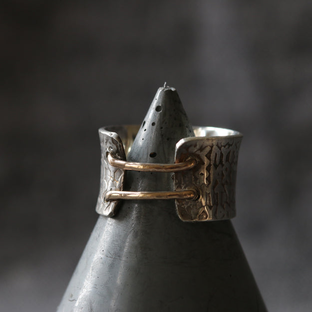 Double Rune Ring Silver and Gold Double Bridge Rune Texture Ring