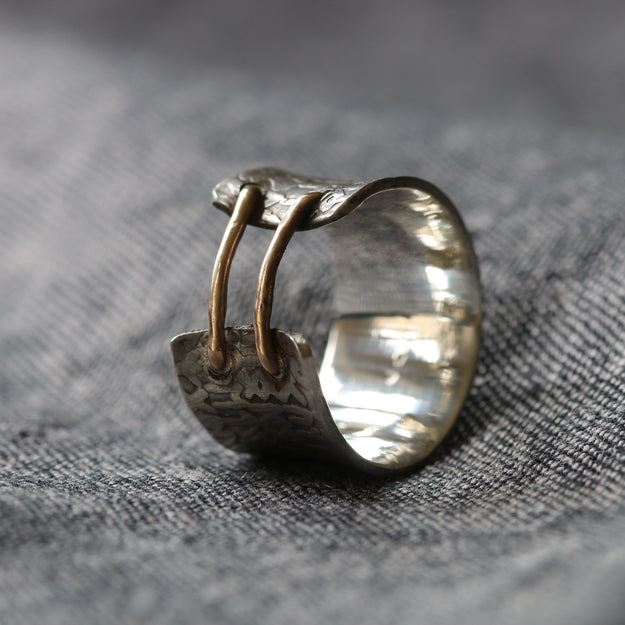 Double Rune Ring Silver and Gold Double Bridge Rune Texture Ring