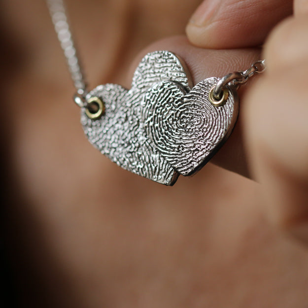 Silver Entwined Duet Hearts Print Necklace