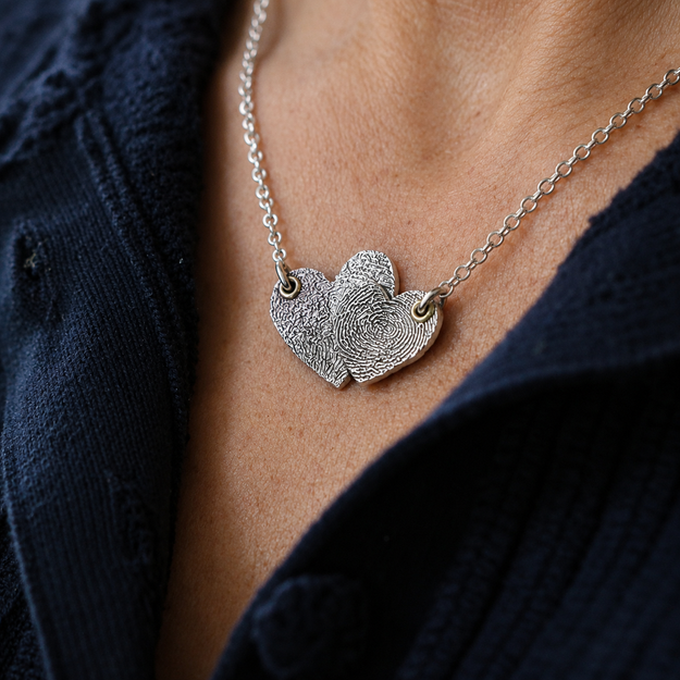 Silver Entwined Duet Hearts Print Necklace