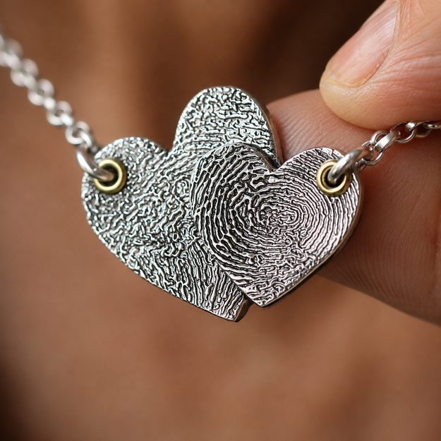 Silver Entwined Duet Hearts Print Necklace