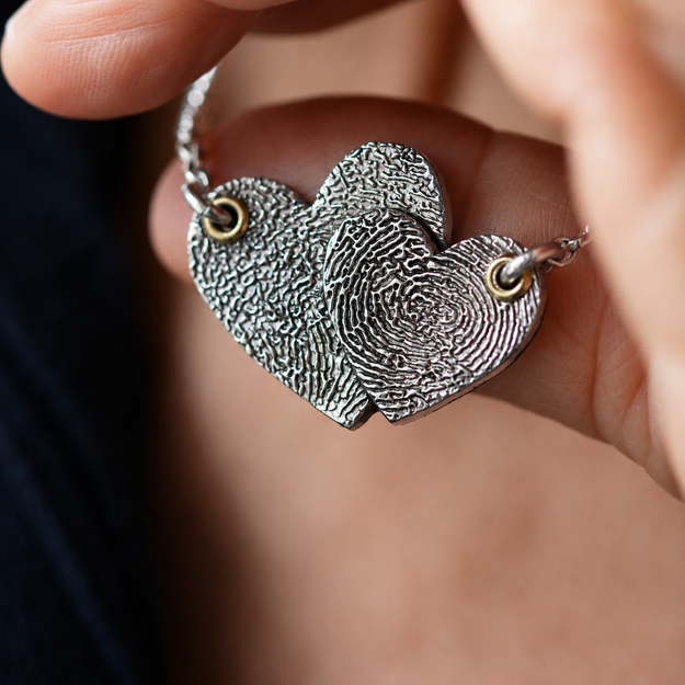 Silver Entwined Duet Hearts Print Necklace