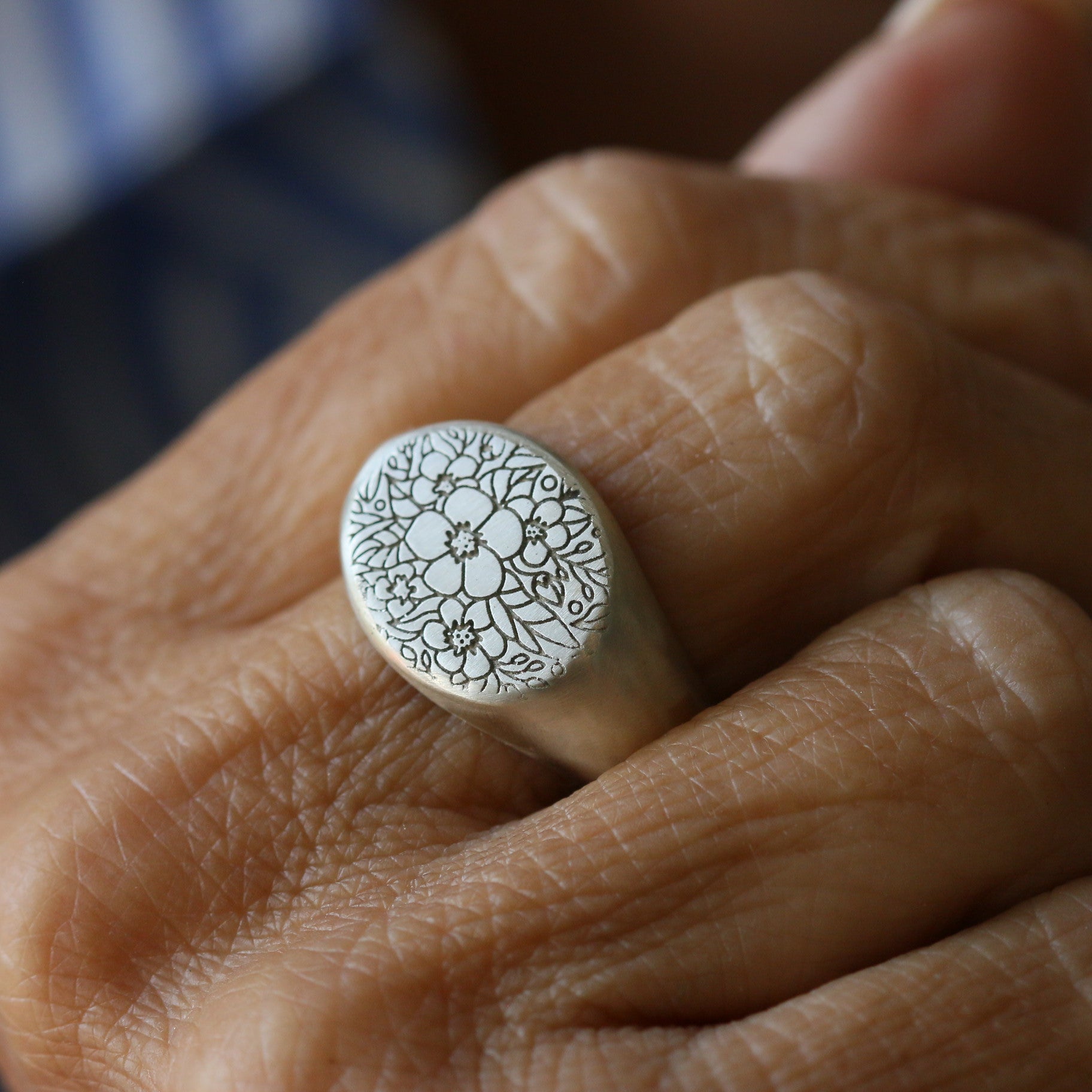 Sand Cast Silver Floral Signet Ring