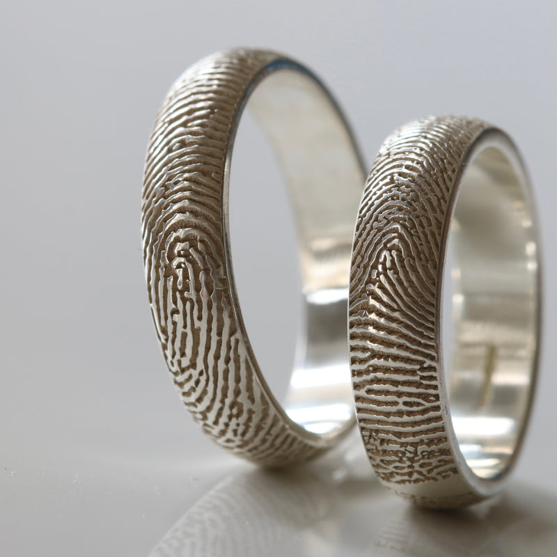 Close-up of fingerprint patterns around two silver rings