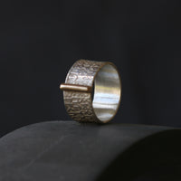 Silver Rune Texture Ring with Gold Bar