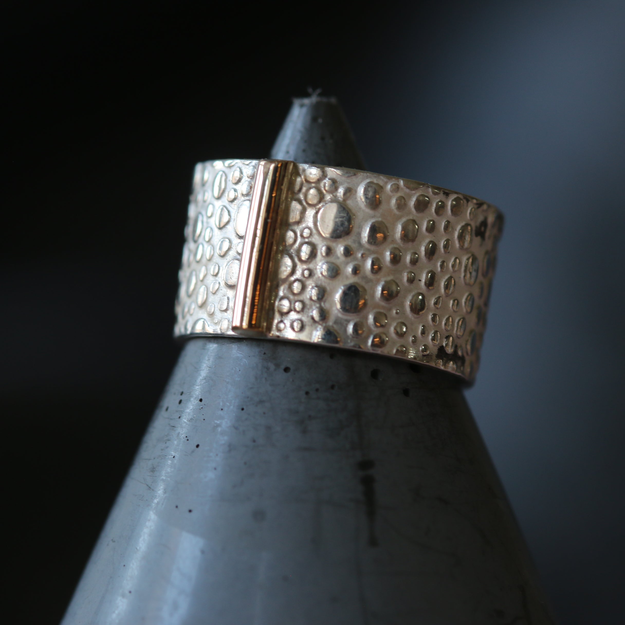 Silver Toad Texture Ring with Gold Bar