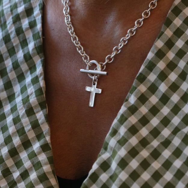 Silver T-Bar Necklace with Cross Pendant - Image 10