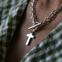 Silver T-Bar Necklace with Cross Pendant - Thumbnail 2
