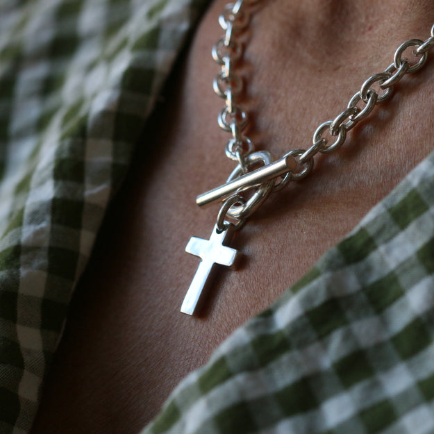 Silver T-Bar Necklace with Cross Pendant - Image 2