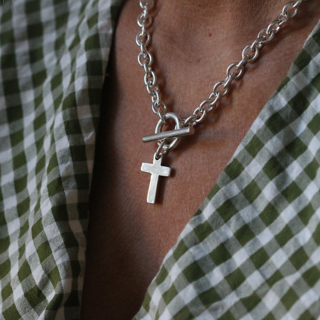 Silver T-Bar Necklace with Cross Pendant - Image 3