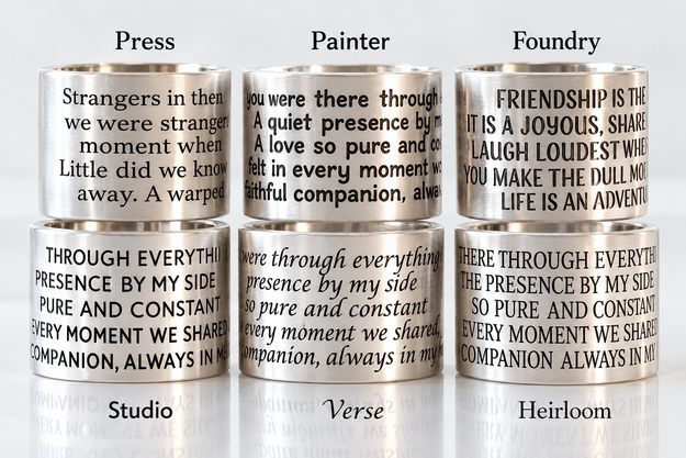 Chapter & Verse engraving font styles: Press, Painter, Foundry, Studio, Verse and Heirloom