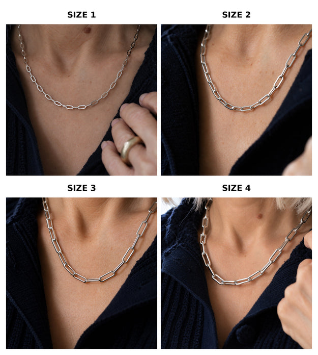 Four paperclip necklaces worn for comparison: Size 1 Slim 2.43 mm, Size 2 Classic 3.12 mm, Size 3 Bold 3.7 mm, Size 4 Heavyweight 6 mm