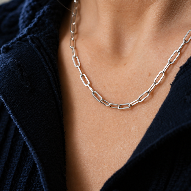 Sterling silver paperclip chain, 3.12 mm wide, worn at the neck