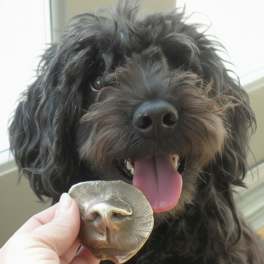 Mabel beside a bronze nose sculpture held in a hand