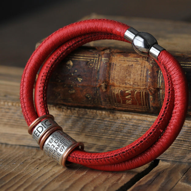 Soft Red Leather and Silver Medical Alert Bracelet