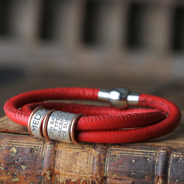 Soft Red Leather and Silver Medical Alert Bracelet