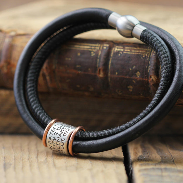 Leather and Silver Medical Alert ID Bracelet - Image 2