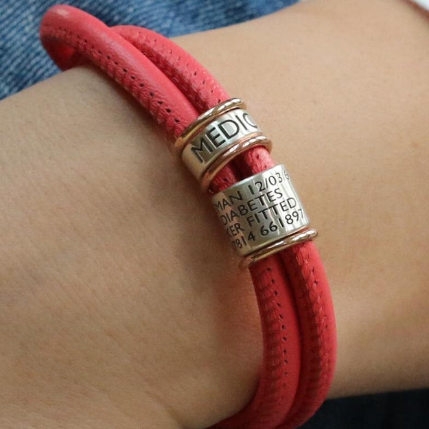 Coral Soft Leather and Silver Women's Medical Alert Bracelet