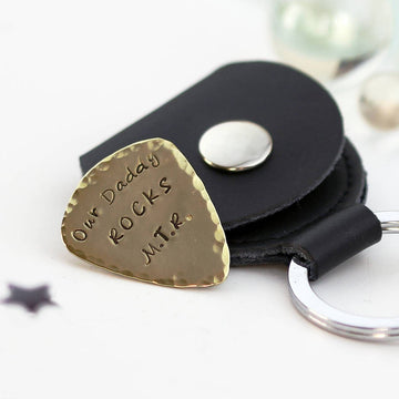 Personalised Brass Plectrum Pick With Leather Keyring Case