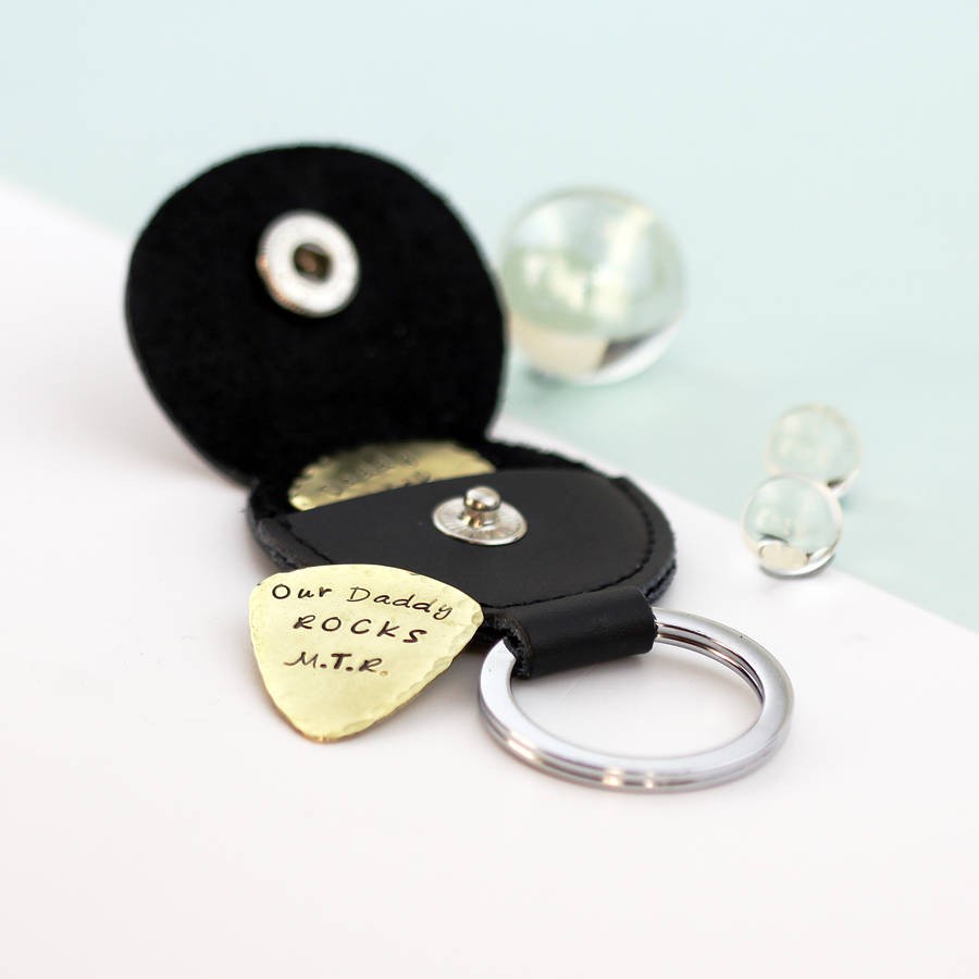 Personalised Brass Plectrum Pick With Leather Keyring Case