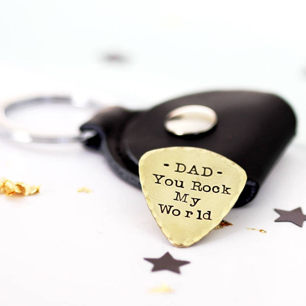 Personalised Brass Plectrum Pick With Leather Keyring Case
