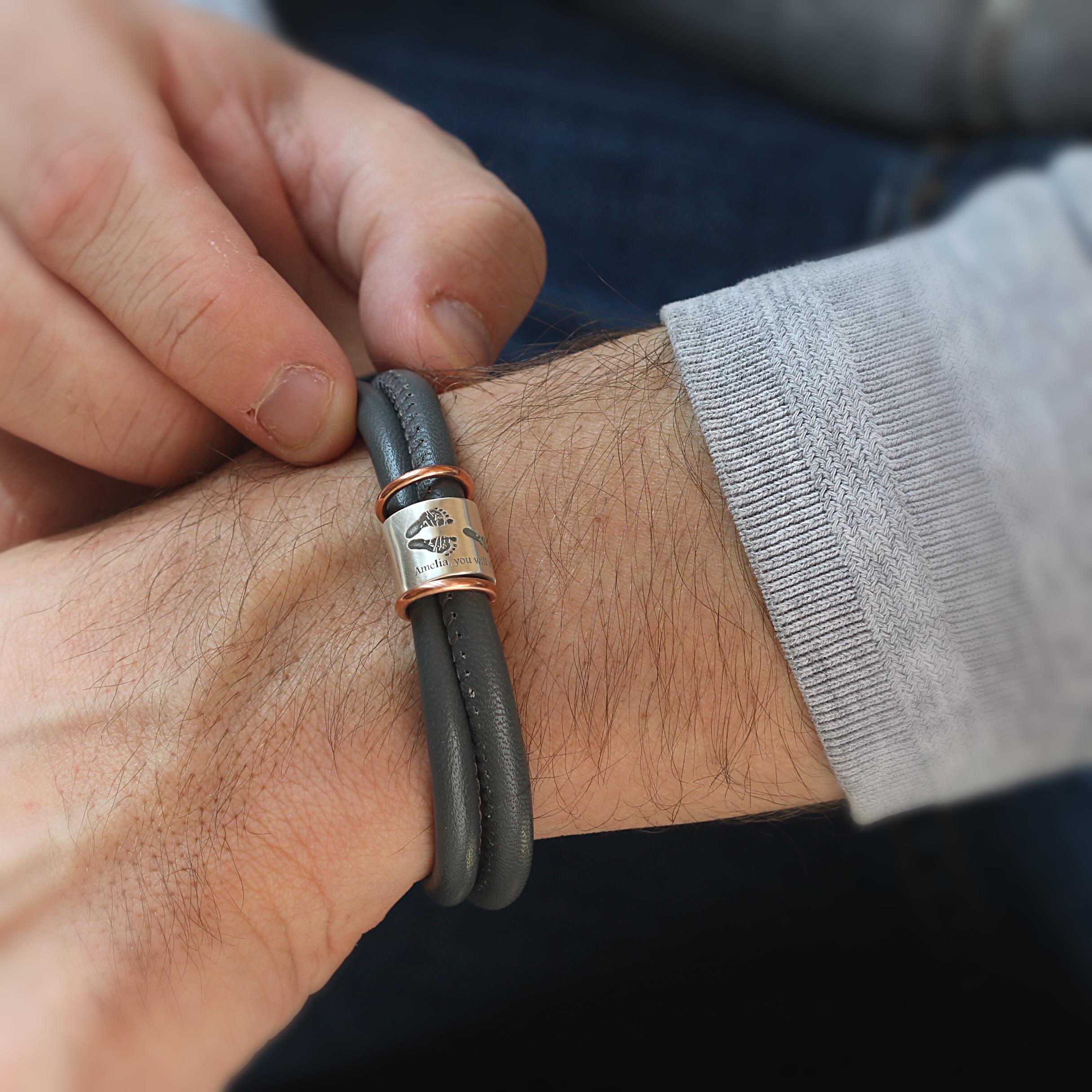 Hand & Footprint Silver and Leather Story Bracelet