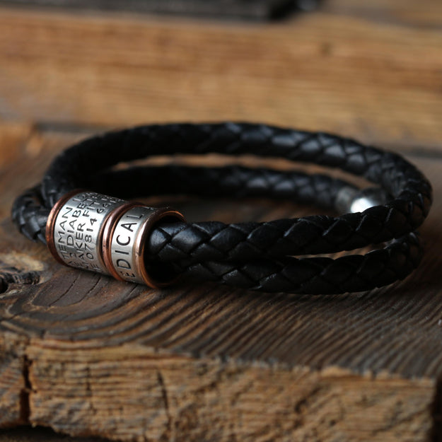 Black Braided Leather and Silver Medical Alert Bracelet