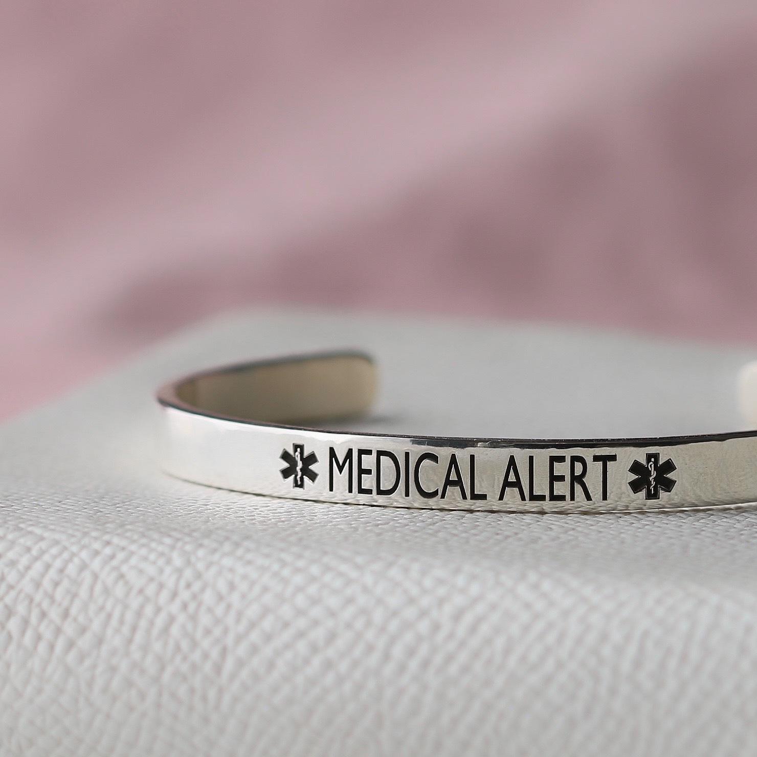 Silver Medical Alert Caduceus Cuff Bracelet