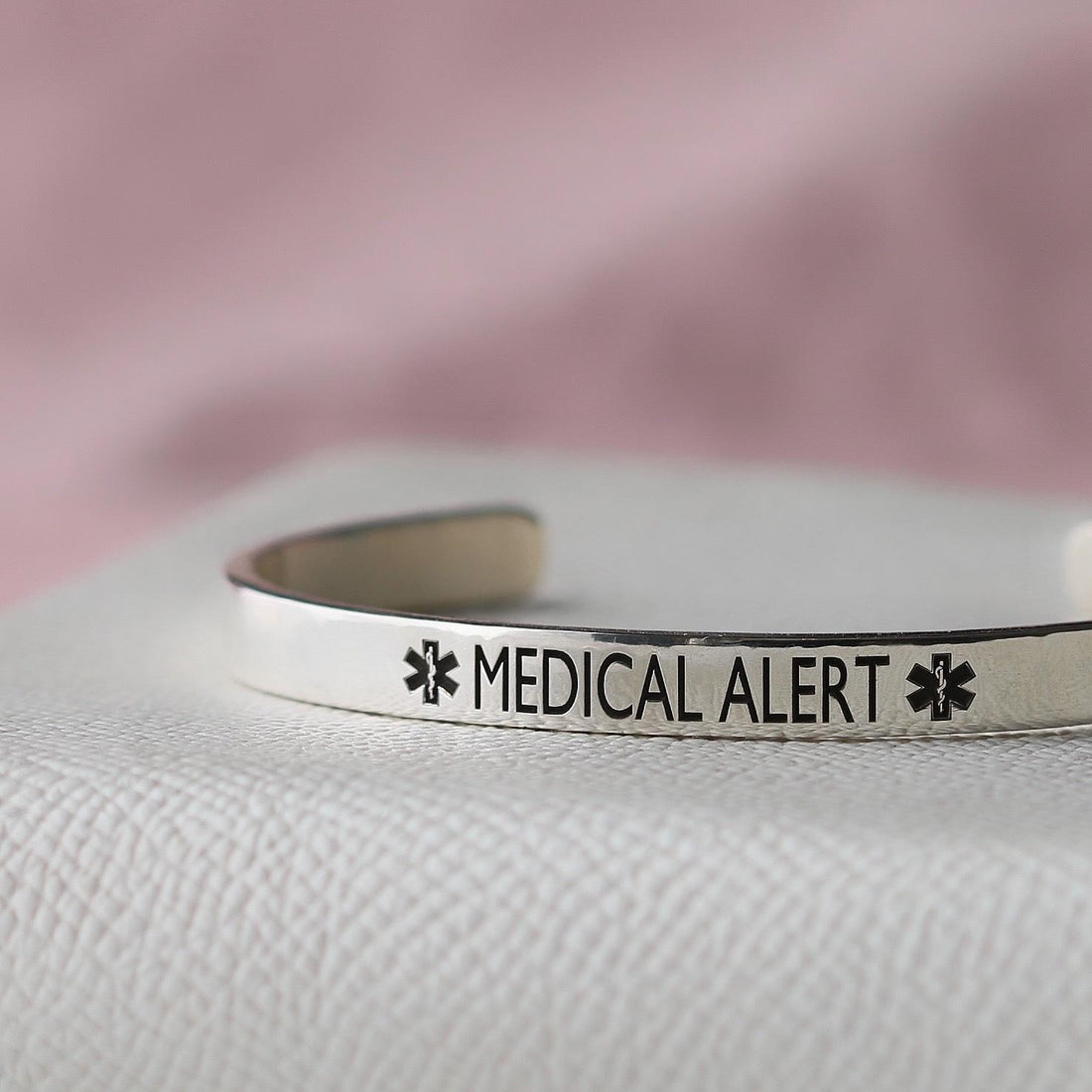 Medical Alert identification engraving on the front of a sterling silver cuff