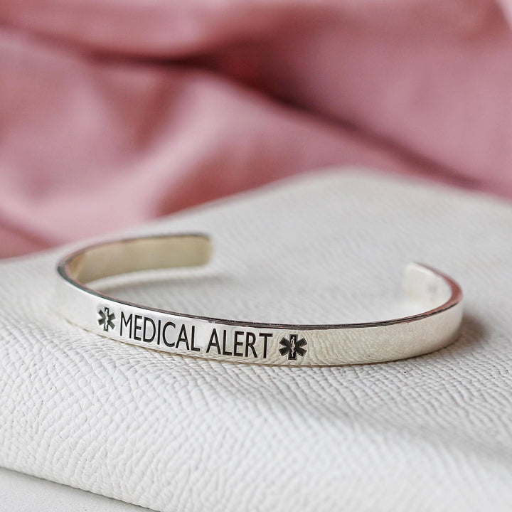 Sterling silver cuff with Medical Alert identification engraving