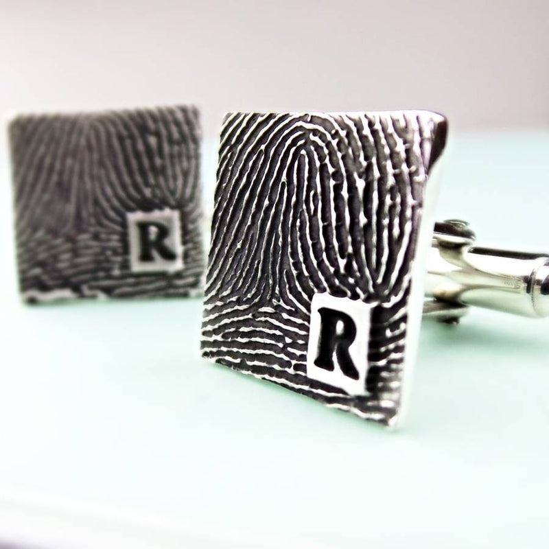 Square fingerprint cufflinks with an initial
